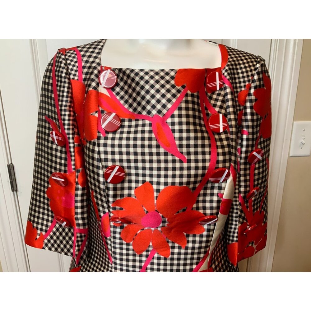 Lourdes Chaves Black White Gingham Plaid Floral Short Sleeve Dress, Size 8 - Picture 2 of 6